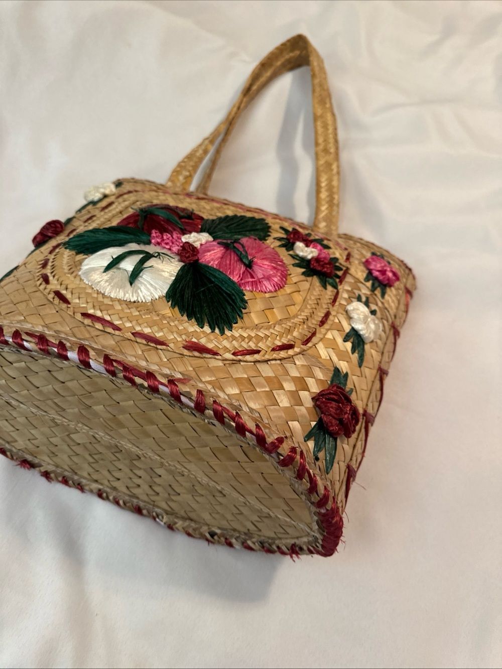 Straw Tote with Pink, Green & White Floral Embroidery - Picture 11 of 11